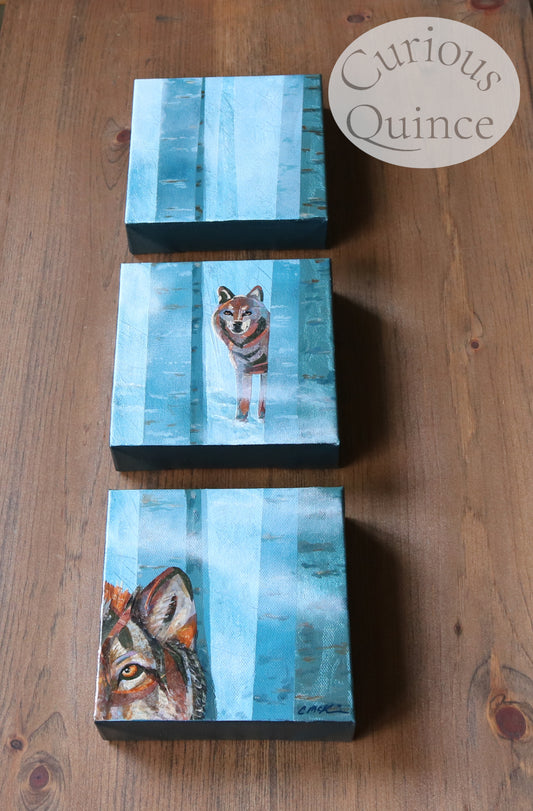 Wolf Triptych Mixed Media Original Wall Art